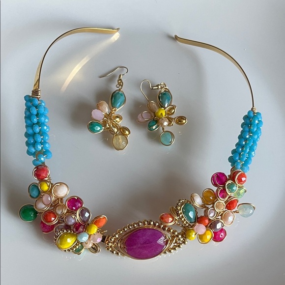 Colorful Gemstone Choker and Earring Set - Picture 1 of 4